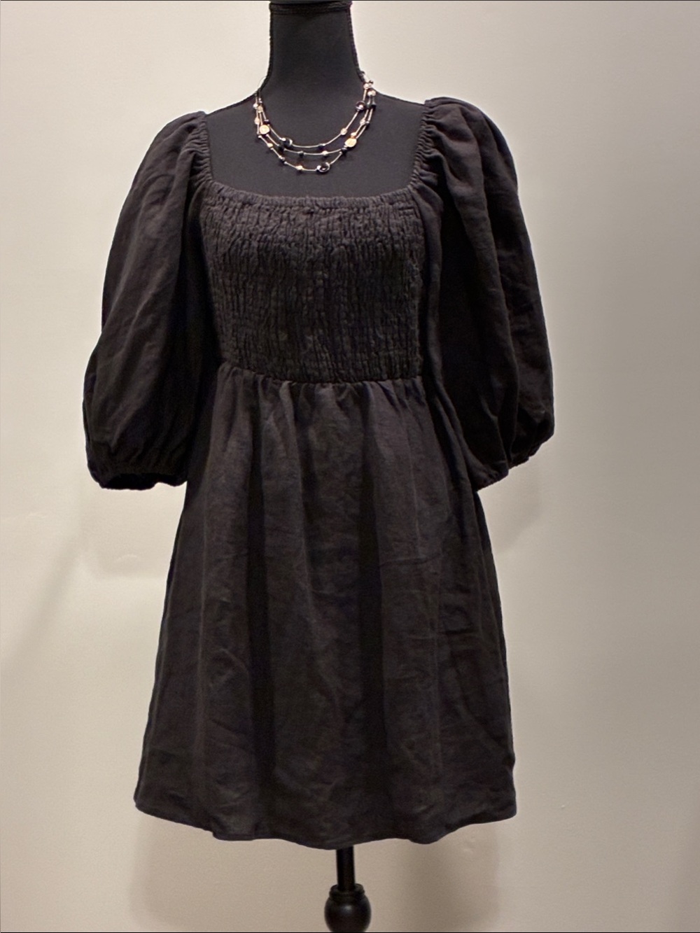 Tuckernuck Black Smocked Puff-Sleeve Mini Dress